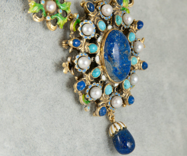 Collar antiguo hecho a mano en oro 18k con perlas, turquesas y lapislázulis - Mayka Jewels
