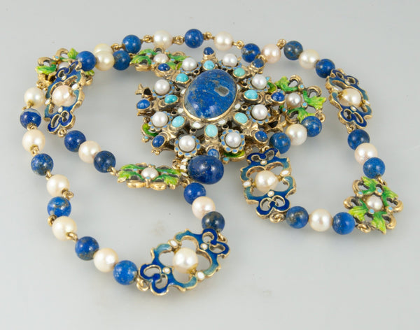 Collar antiguo hecho a mano en oro 18k con perlas, turquesas y lapislázulis - Mayka Jewels