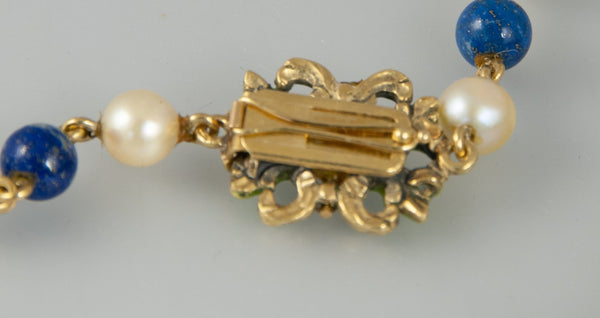 Collar antiguo hecho a mano en oro 18k con perlas, turquesas y lapislázulis - Mayka Jewels