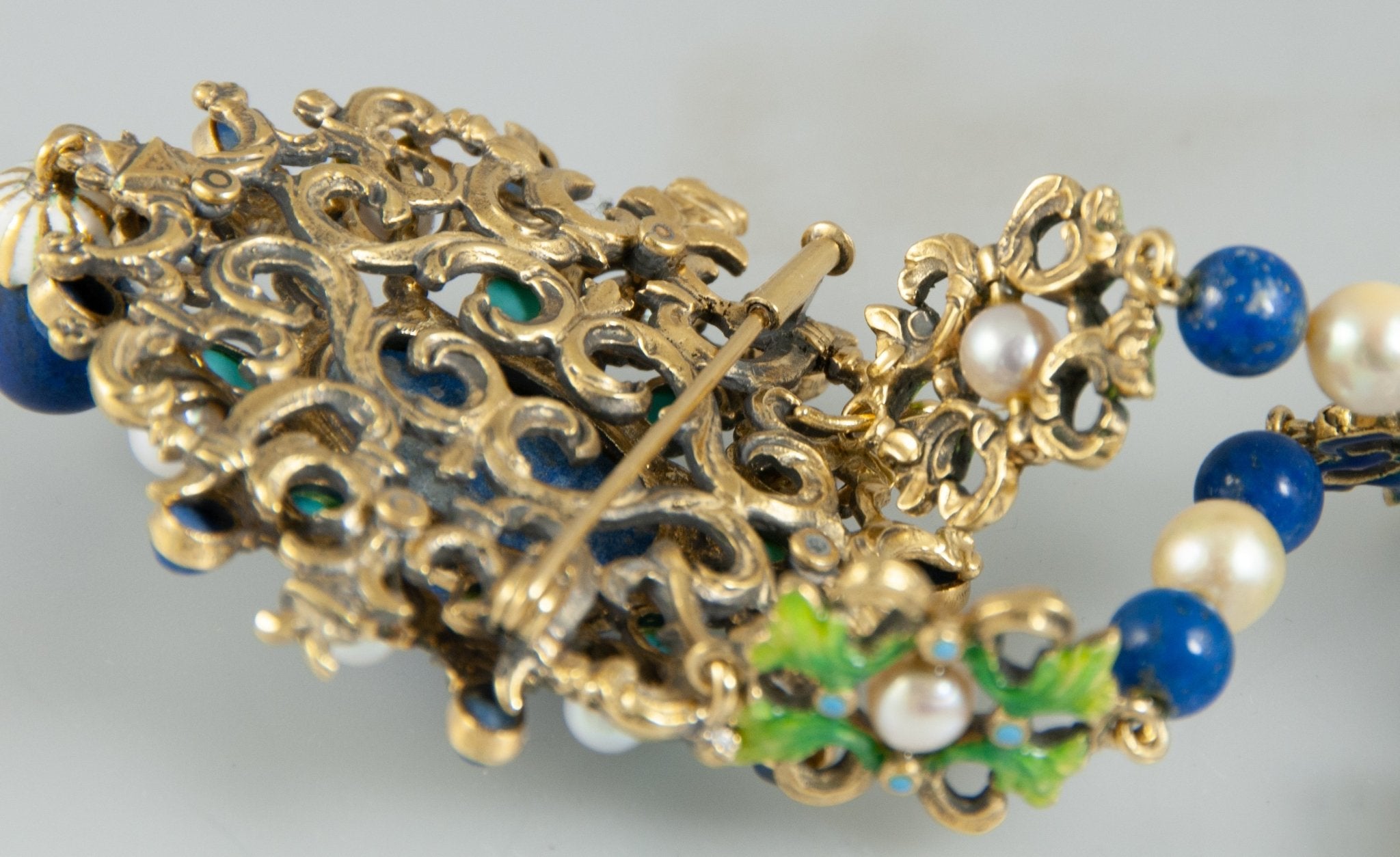 Collar antiguo hecho a mano en oro 18k con perlas, turquesas y lapislázulis - Mayka Jewels