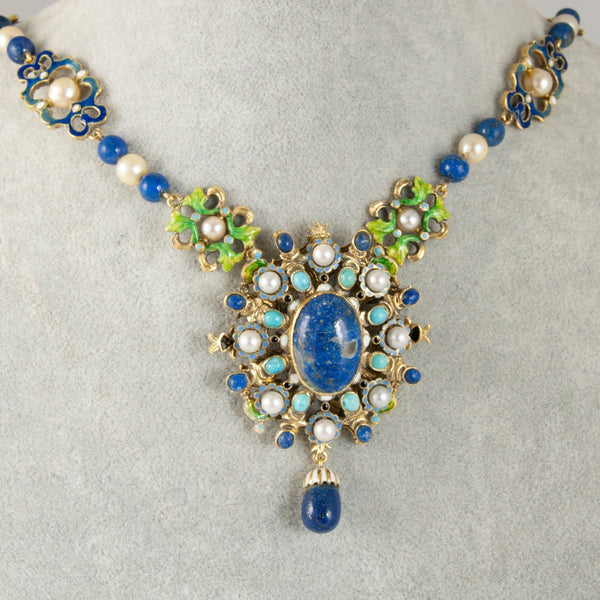 Collar antiguo hecho a mano en oro 18k con perlas, turquesas y lapislázulis - Mayka Jewels