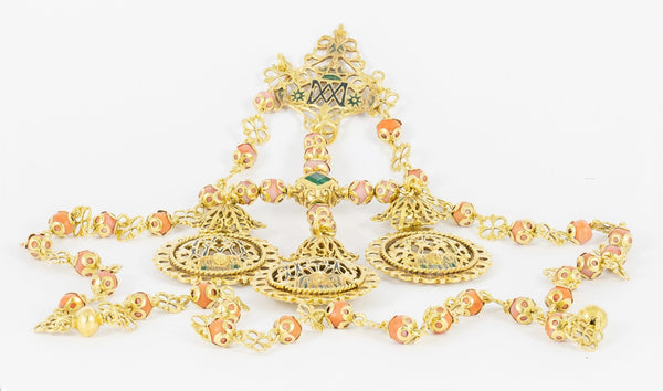 Collar tipo rosario en oro amarillo con esmeraldas y coral rojo - Mayka Jewels