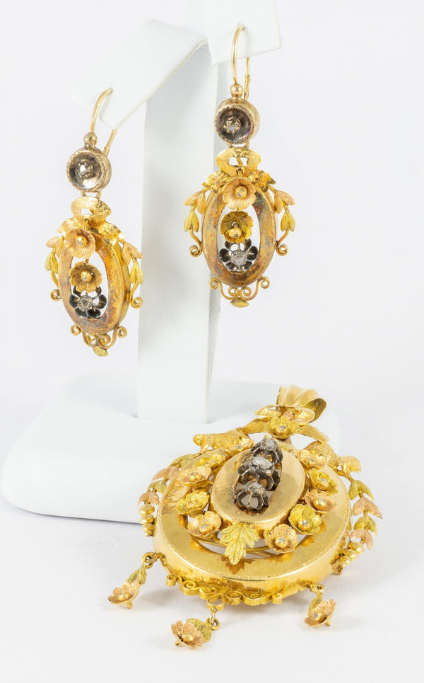 Conjunto antiguo pendientes y colgante en oro amarillo 18k y brillantes - Mayka Jewels