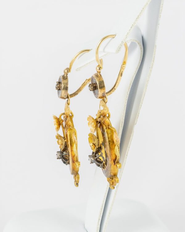 Conjunto antiguo pendientes y colgante en oro amarillo 18k y brillantes - Mayka Jewels