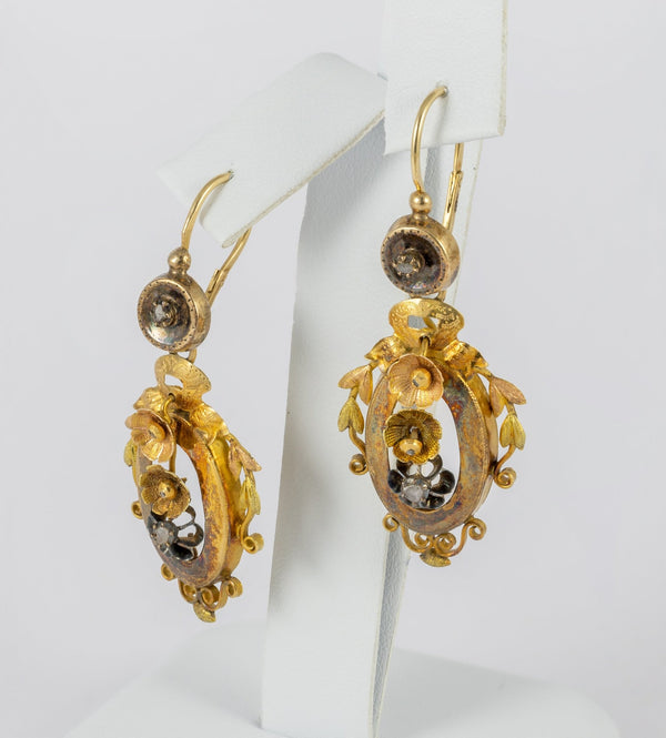 Conjunto antiguo pendientes y colgante en oro amarillo 18k y brillantes - Mayka Jewels