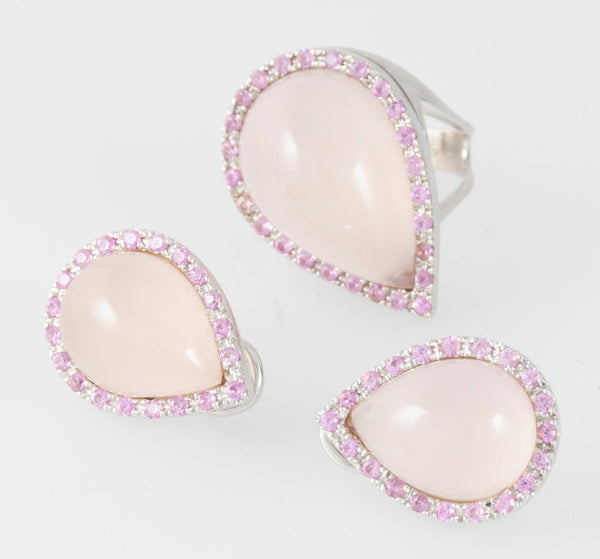 Conjunto pendientes y anillo en oro blanco 18k cuarzo rosa y amatistas(rosas de Francia) - Mayka Jewels