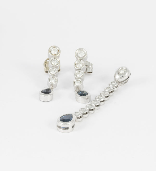 Conjunto pendientes y colgante en oro blanco con brillantes y zafiros - Mayka Jewels