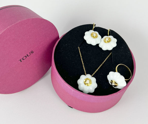 Conjunto Tous Cadena Pendientes Anillo en oro amarillo 18k y porcelana - Mayka Jewels