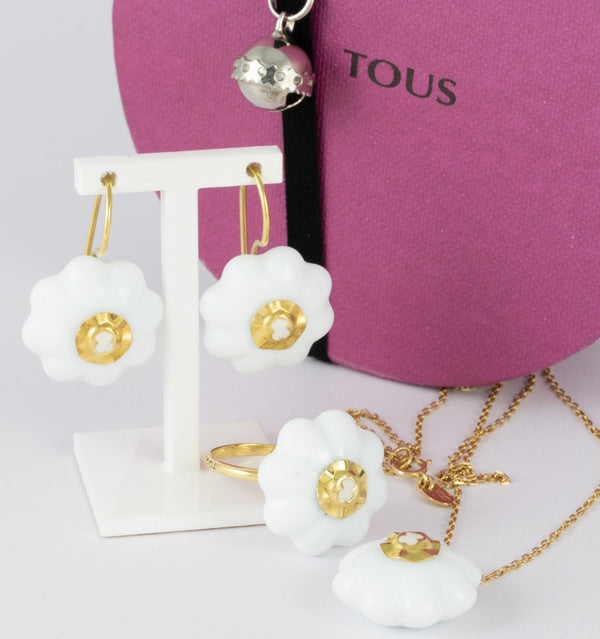 Conjunto Tous Cadena Pendientes Anillo en oro amarillo 18k y porcelana - Mayka Jewels