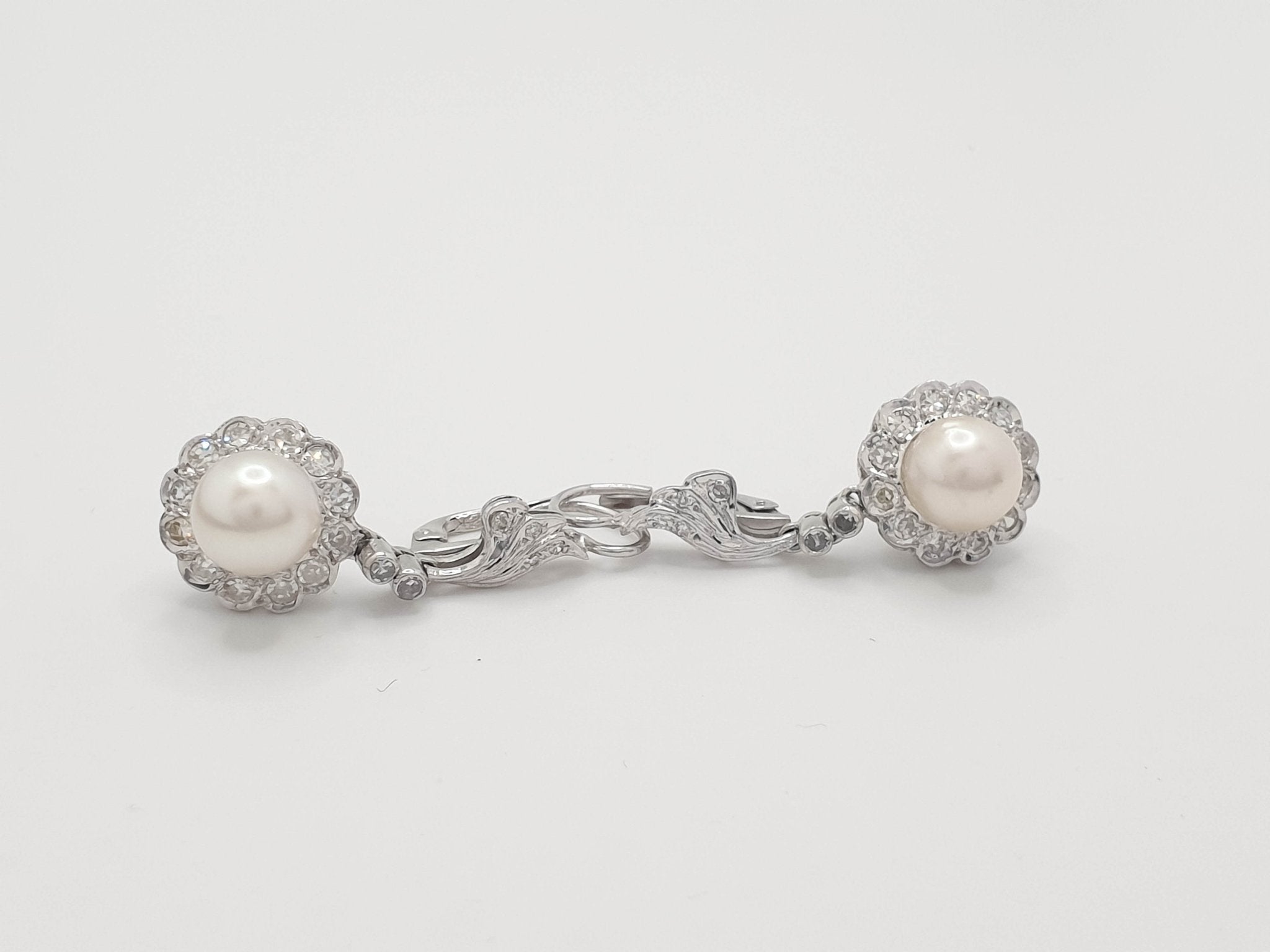 Pendientes de los años 30 en oro blanco 18k con perla y diamantes - Mayka Jewels