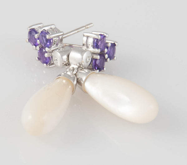Pendientes en oro blanco 18k con amatistas brillantes y nácar - Mayka Jewels