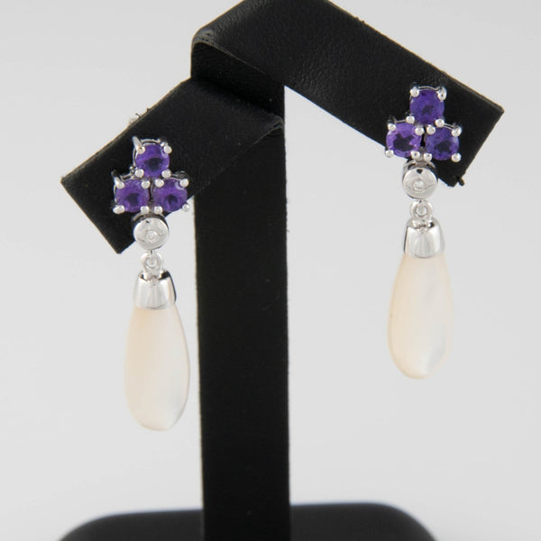 Pendientes en oro blanco 18k con amatistas brillantes y nácar - Mayka Jewels