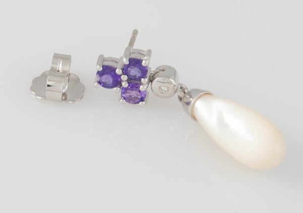Pendientes en oro blanco 18k con amatistas brillantes y nácar - Mayka Jewels