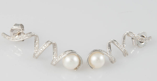 Pendientes en oro blanco 18k con perla y brillantes - Mayka Jewels
