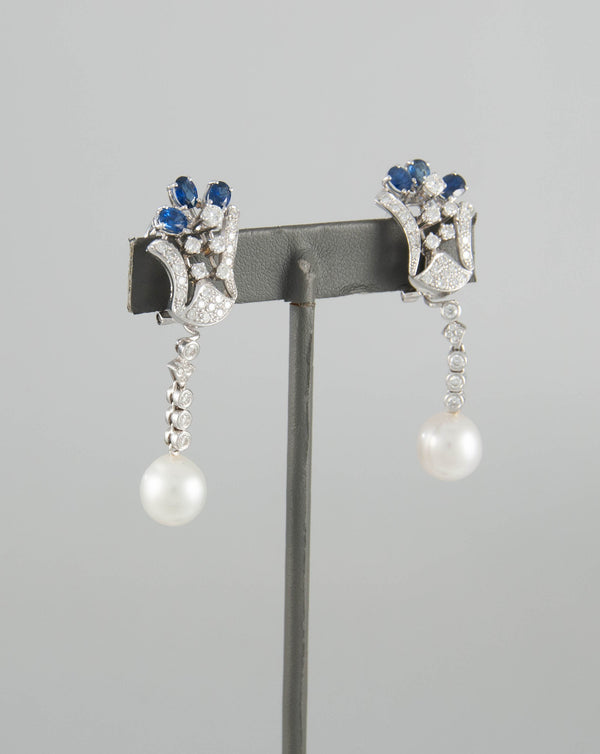 Pendientes en oro blanco 18k con zafiros y diamantes - Mayka Jewels