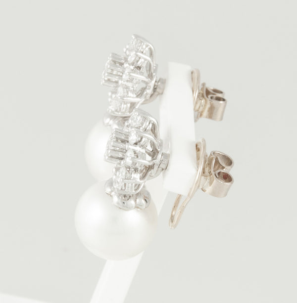 Pendientes personalizables en oro blanco 18k, brillantes y perlas - Mayka Jewels