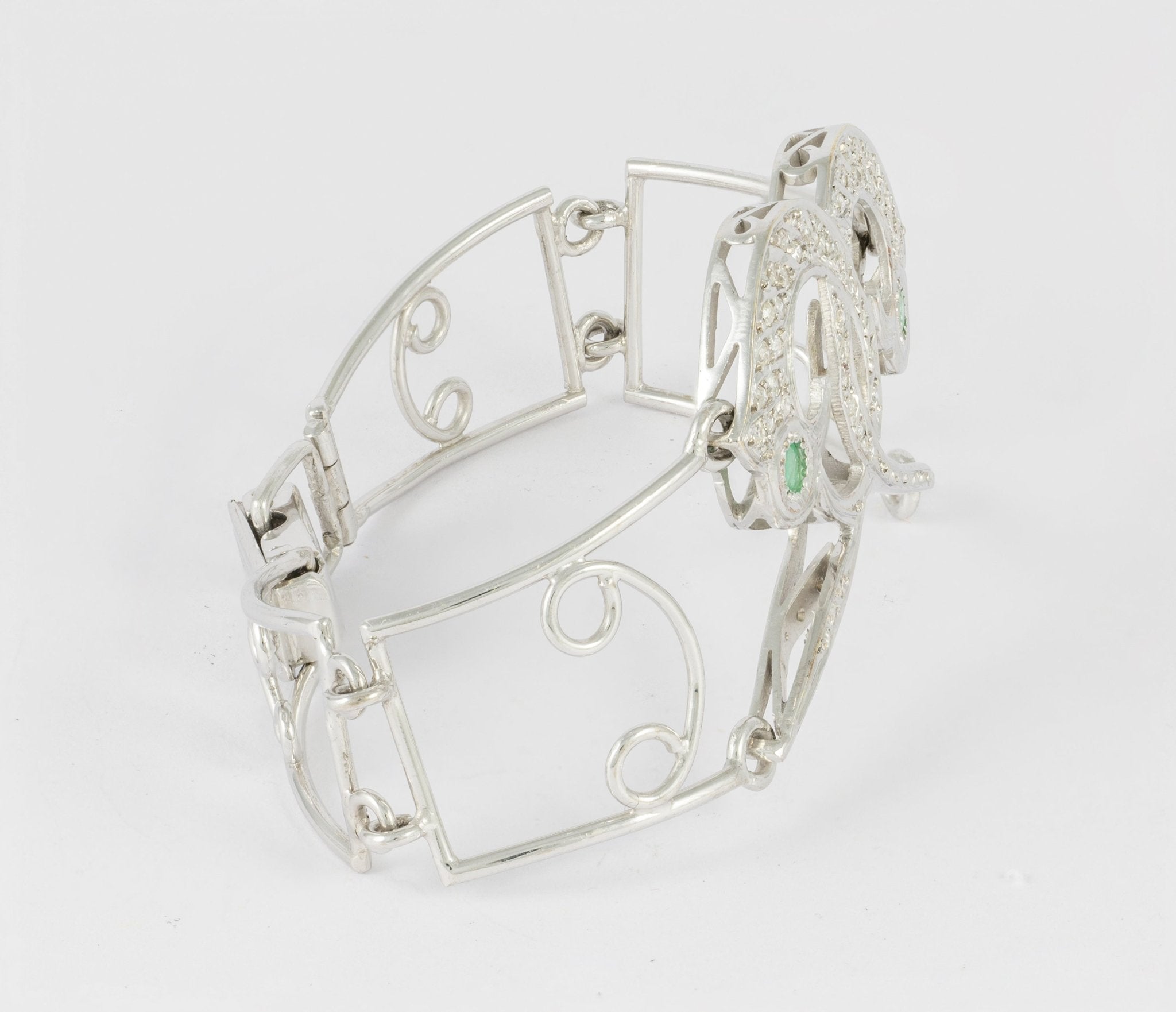 Pulsera en oro blanco 18k con brillantes y esmeraldas - Mayka Jewels