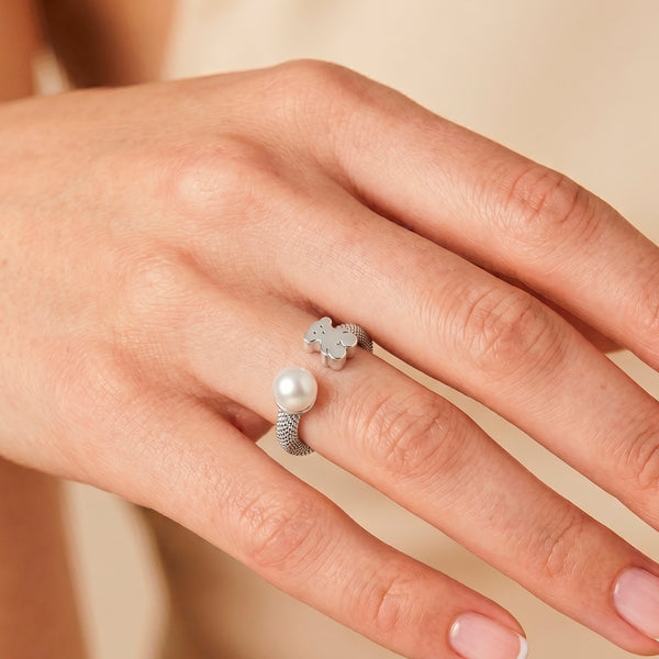 Anillo Tous de Plata 925 y Perla Cultivada Oso Icon Mesh