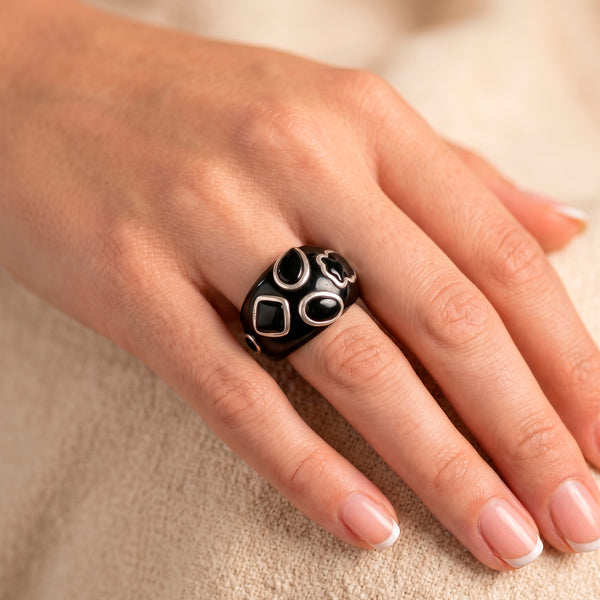 Anillo Tous de Resina Negra, Plata 925 y Ónix Domitous