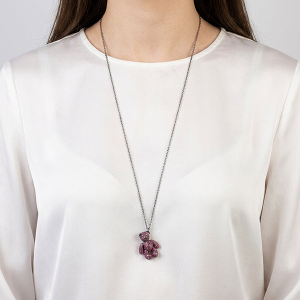 Cadena con colgante Teddy Bear 3D de plata pavonada con zafiros rosa
