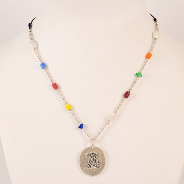 Collar Largo Camafeo de Plata 925, Cristales multicolor y Cordón Oceaan