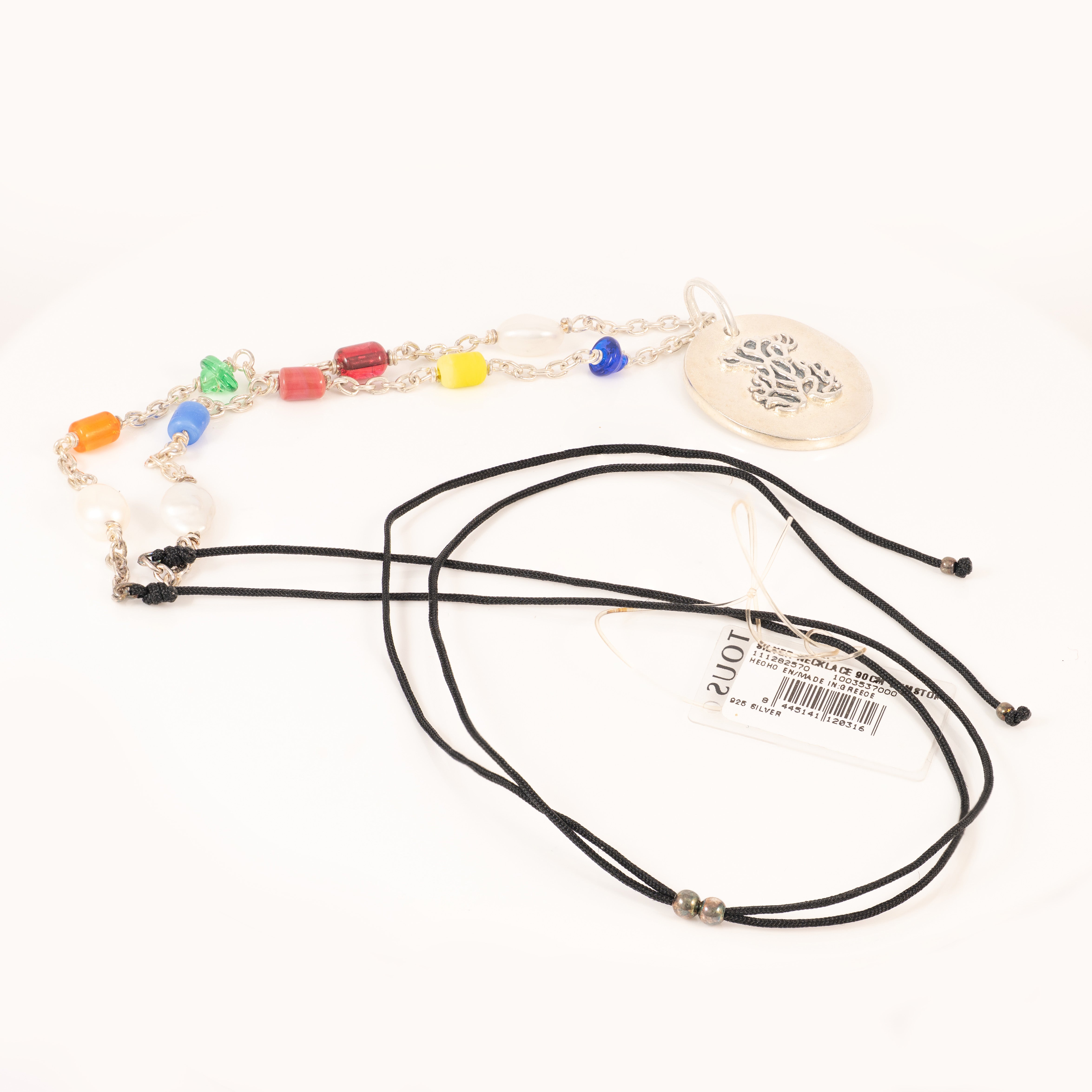 Collar Largo Camafeo de Plata 925, Cristales multicolor y Cordón Oceaan