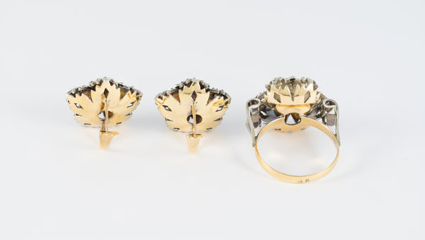 Conjunto antiguo anillo y pendientes en oro amarillo 18k y plata con zafiros blancos