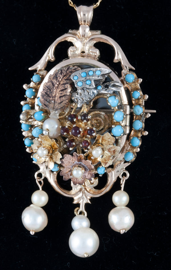 Conjunto antiguo broche colgante y pendientes en oro 14k con turquesas, perlas y rubíes