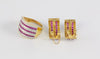 Conjunto pendientes y anillo en oro amarillo 18k con diamantes y rubíes