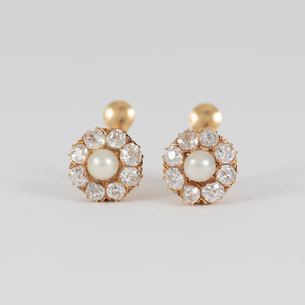 Pendientes antiguos en oro amarillo 18k con diamantes 1.6ct y perlas