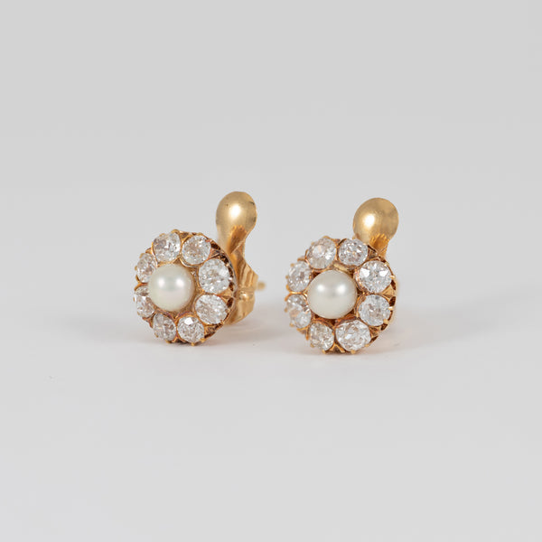 Pendientes antiguos en oro amarillo 18k con diamantes 1.6ct y perlas