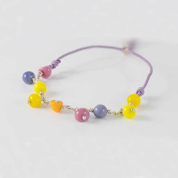 Pulsera de plata, cristal de Murano y nylon lila Icon Glass