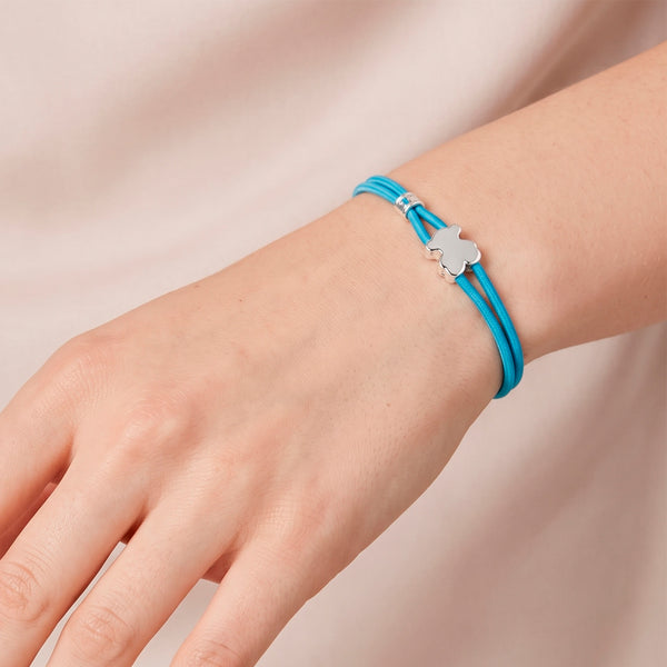 Pulsera Tous elástica turquesa con motivo Oso en plata 925