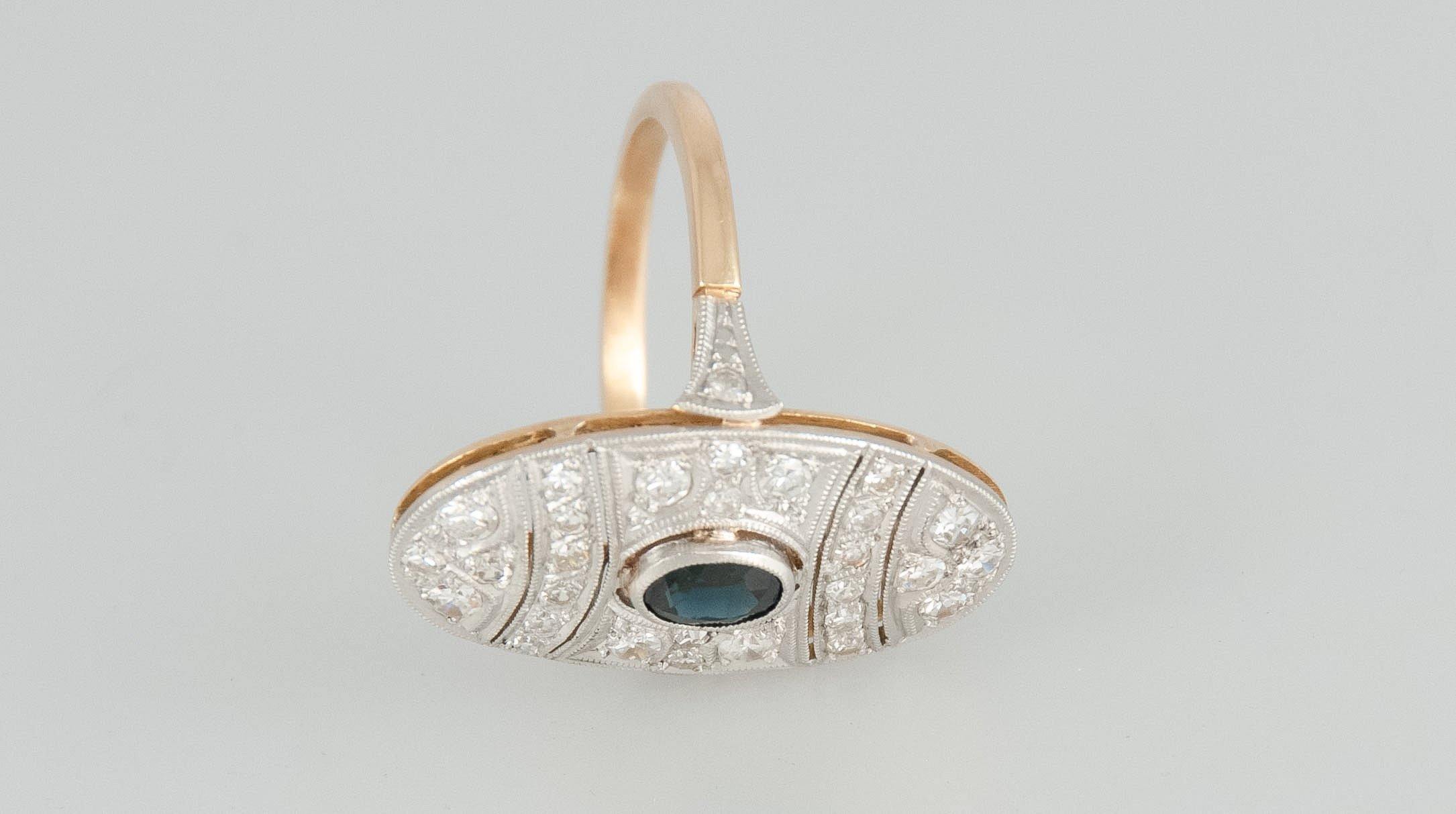 Anillo antiguo en oro 18k con zafiro y diamantes - Mayka Jewels