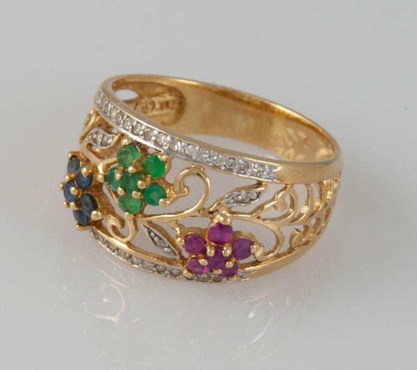 Anillo en oro 18k con zafiros rubíes y esmeraldas - Mayka Jewels