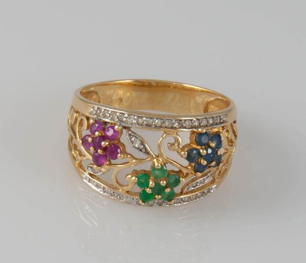 Anillo en oro 18k con zafiros rubíes y esmeraldas - Mayka Jewels