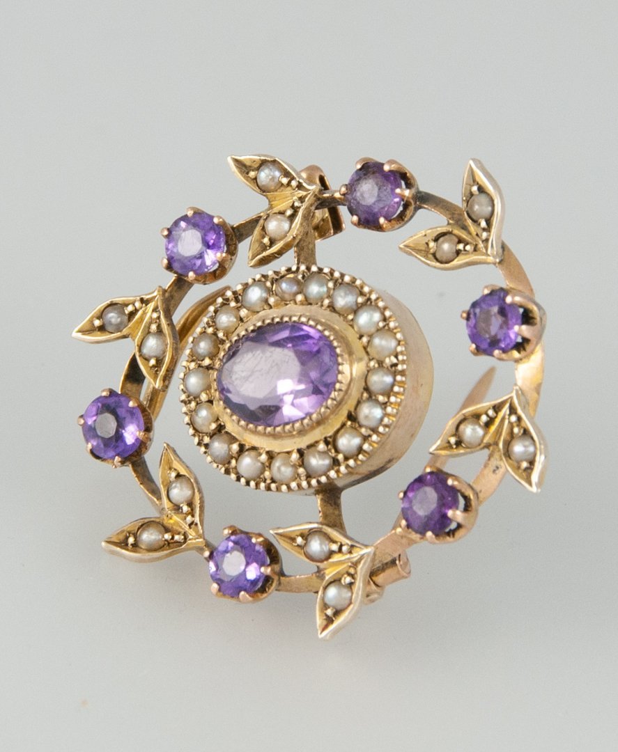 Broche antiguo en oro 18k con amatista y perlas barrocas - Mayka Jewels