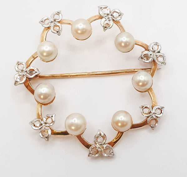 Broche antiguo en oro 18k con perlas y diamantes 0.21 quilates - Mayka Jewels