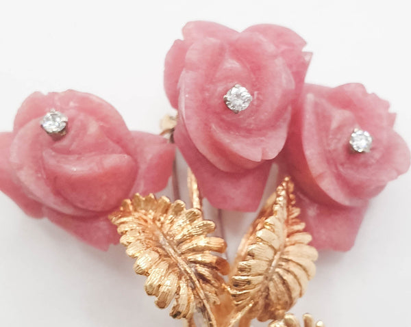Broche antiguo hecho a mano en oro 18k con coral y diamantes - Mayka Jewels
