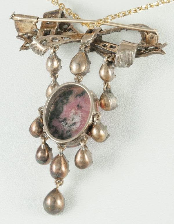 Broche pendentif antiguo en oro amarillo 18k y plata con brillantes y rodonita - Mayka Jewels