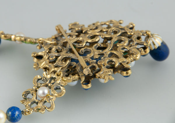Collar antiguo hecho a mano en oro 18k con perlas, turquesas y lapislázulis - Mayka Jewels
