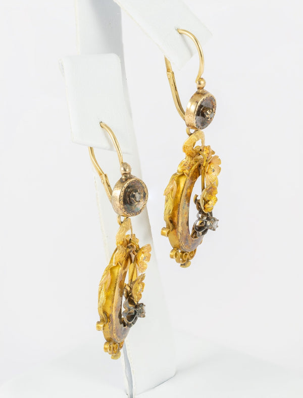Conjunto antiguo pendientes y colgante en oro amarillo 18k y brillantes - Mayka Jewels