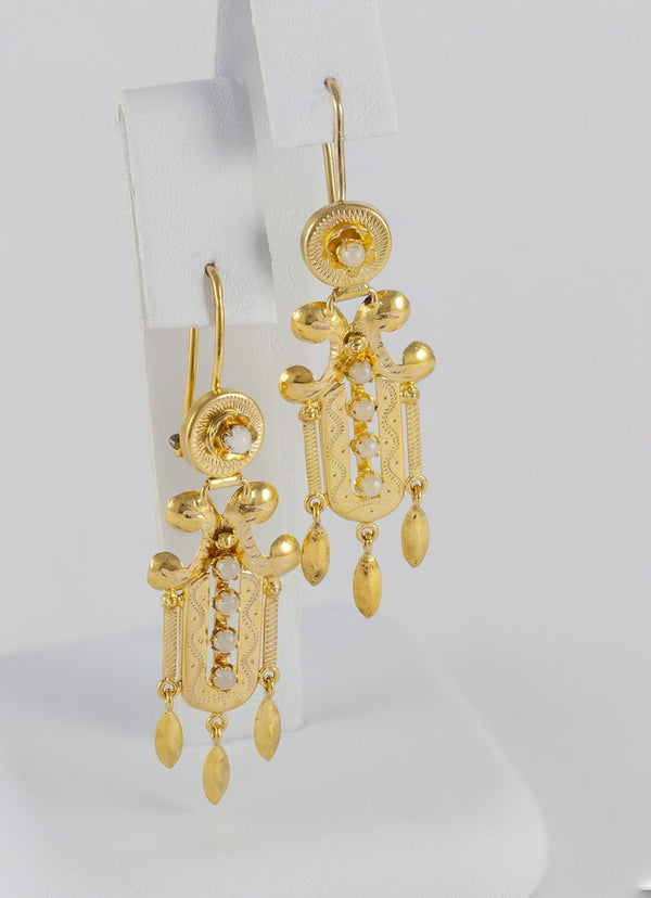 Pendientes antiguos en oro amarillo 18k y perlas - Mayka Jewels