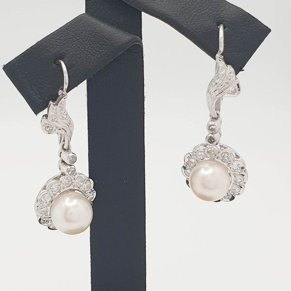 Pendientes de los años 30 en oro blanco 18k con perla y diamantes - Mayka Jewels